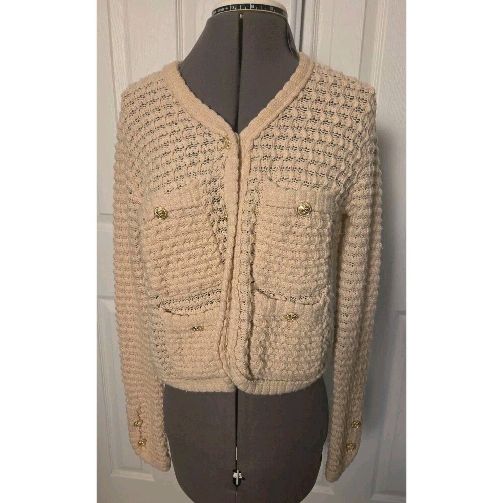 Ellandemm Cream Textured Knit Cardigan Sweater Gold Buttons Size XS Luxury